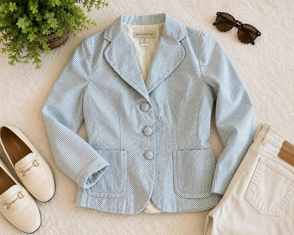 Vintage Banana Republic Blue White Seersucker Blazer Cotton Pinstripe Jacket 6